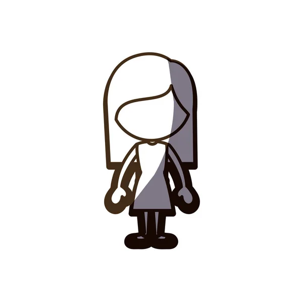 Silhouette noire de fille sans visage debout avec robe et cheveux longs avec demi ombre — Image vectorielle