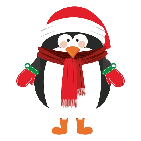 Silhouette of penguin with boots scarf and gloves and christmas hat — Stock Vector