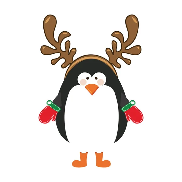 Silhouette christmas of penguin with horns of reindeer — Stock Vector