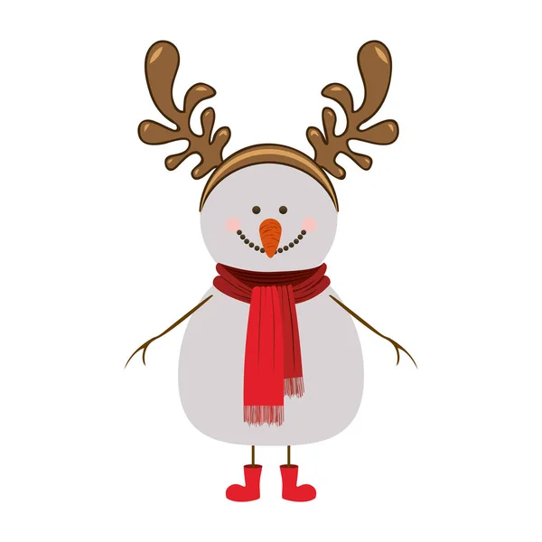 Silhouette of snowman with red boots and scarf and horns of reindeer — Stock Vector