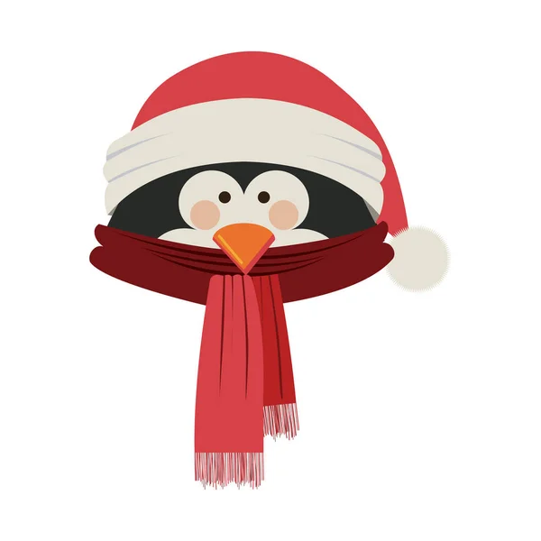 Silhouette of penguin face with scarf and christmas hat — Stock Vector