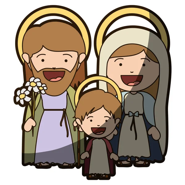 Silueta colorida de la imagen sonriente de la familia sagrada con el bebé Jesús y media sombra — Vector de stock
