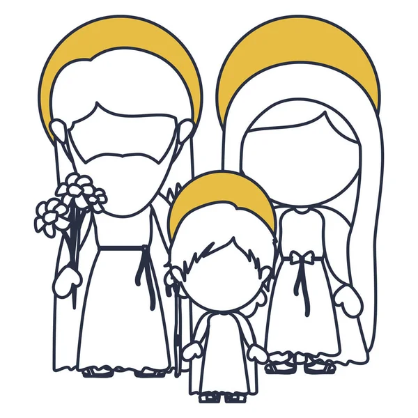 Μπλε χρώμα περιγράμματος απρόσωπη εικόνας της Ιερής οικογένειας με μωρό Ιησού και κίτρινο αύρα — Διανυσματικό Αρχείο