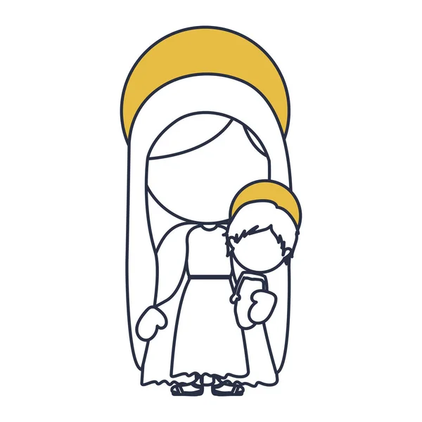 Blå färg ansiktslösa konturer av saint Jungfru Maria med Jesusbarnet med gula aura — Stock vektor