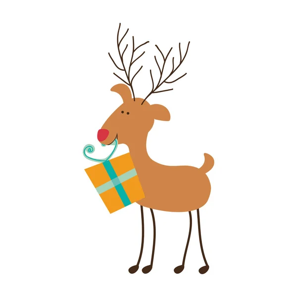 Silhouette caricature color of reindeer with gift box — Stock Vector