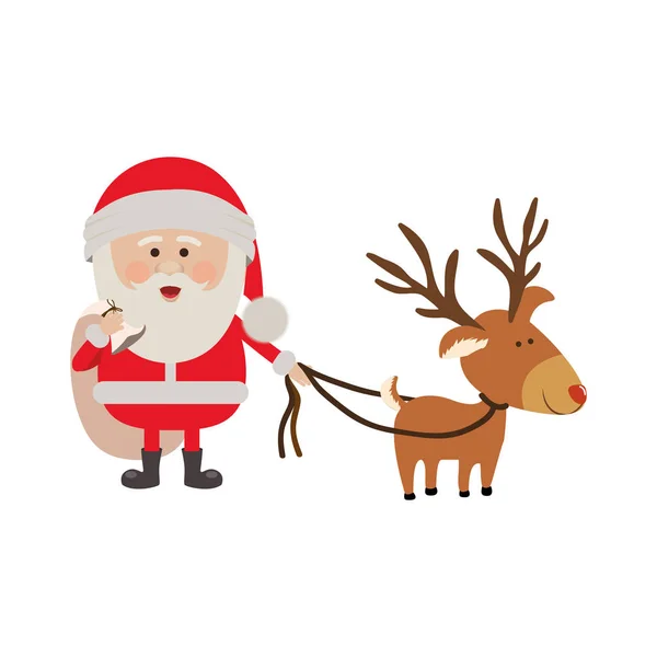Sagoma colorata di Babbo Natale con sacchetto regalo e renna con corda — Vettoriale Stock