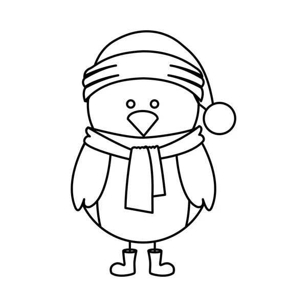 Monochrome contour of chicken with boots scarf and gloves and christmas hat — Stock Vector