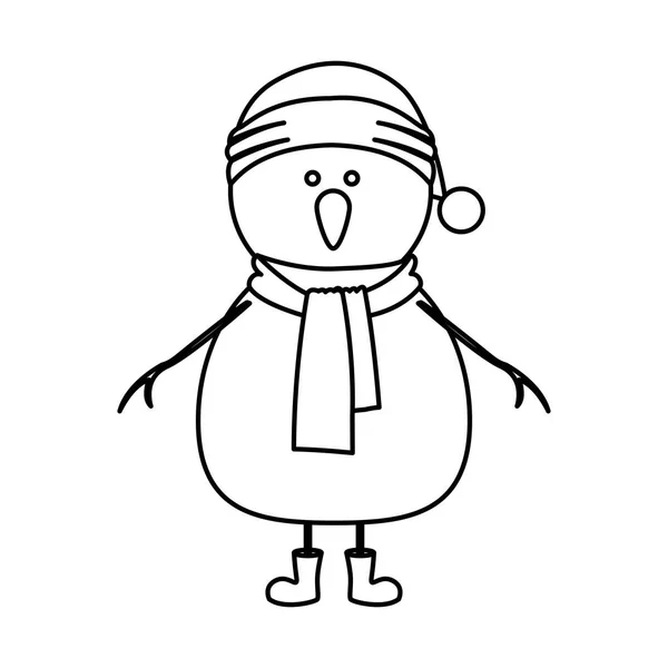 Contorno monocromo de muñeco de nieve con gorra y bufanda y botas — Archivo Imágenes Vectoriales