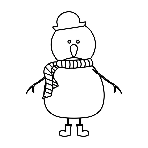 Contorno monocromo de muñeco de nieve con botas y bufanda y sombrero — Archivo Imágenes Vectoriales