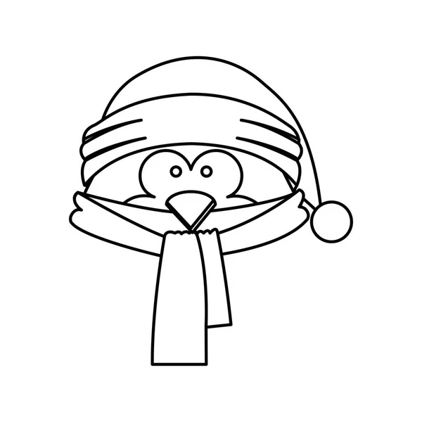 스카프와 크리스마스 모자와 펭귄 얼굴의 흑백 윤곽 — 스톡 벡터