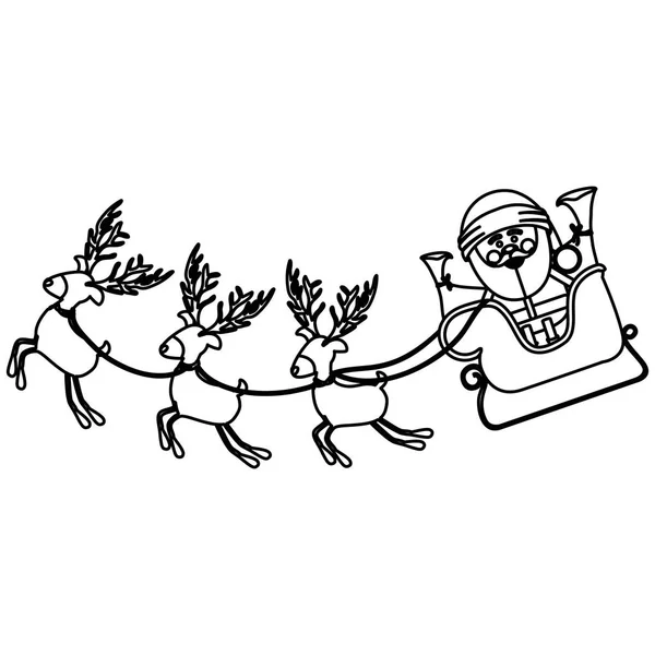 Contorno monocromo con conjunto de divertidos renos y santa claus en trineo — Vector de stock