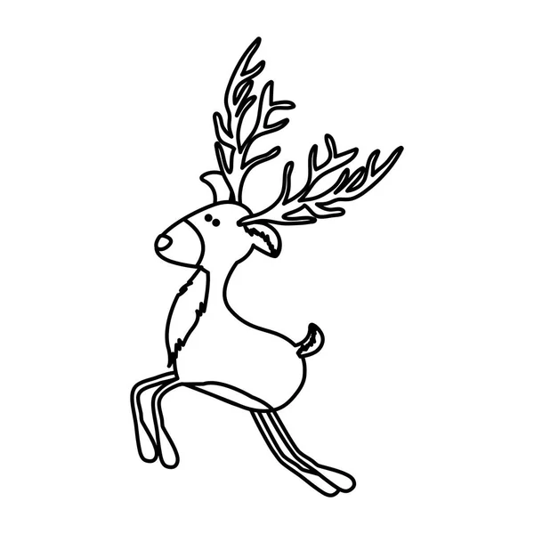 单色轮廓的滑稽驯鹿跳着大角 — 图库矢量图片