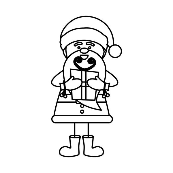 Monochromatický obrysu karikatura santa Claus s dárkovou krabičku — Stockový vektor