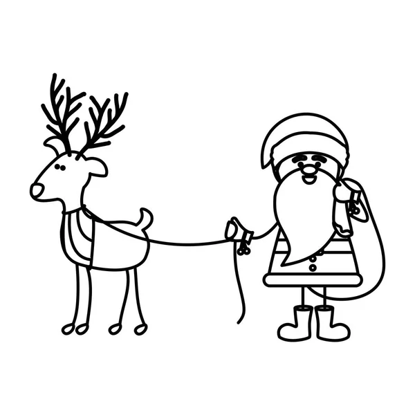 Caricatura de contorno monocromático de santa claus com saco de presente e renas segurando por corda — Vetor de Stock