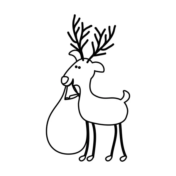 Monochrome contour caricature of reindeer with christmas gift bag — Stock Vector