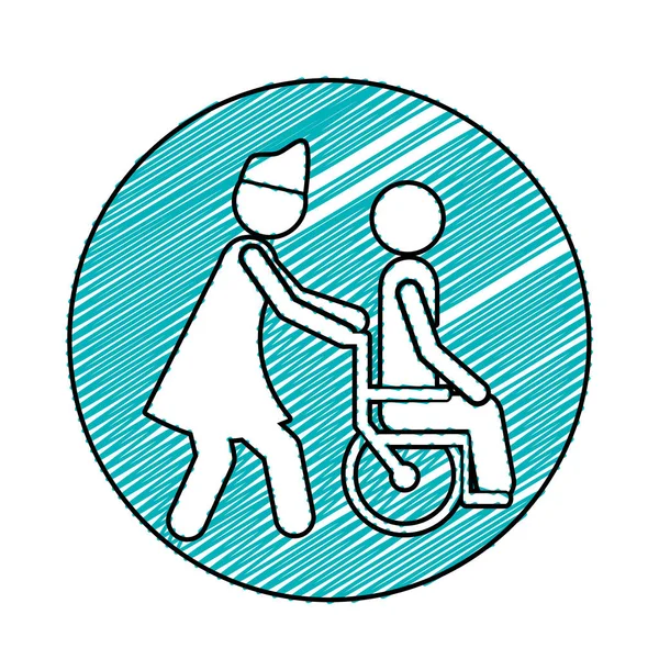 Kleur potlood tekening circulaire frame met verpleegkundige helpen van een ander persoon duwen van een rolstoel — Stockvector