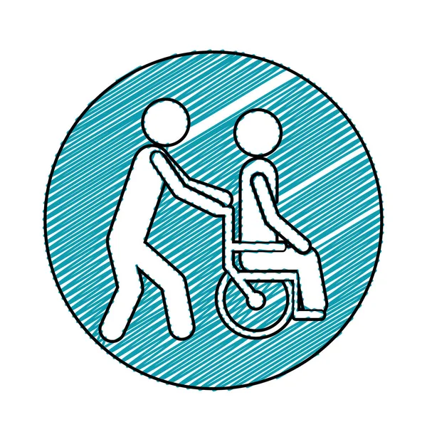 Desenho a lápis de cor quadro circular com a pessoa ajudando outro empurrar uma cadeira de rodas — Vetor de Stock