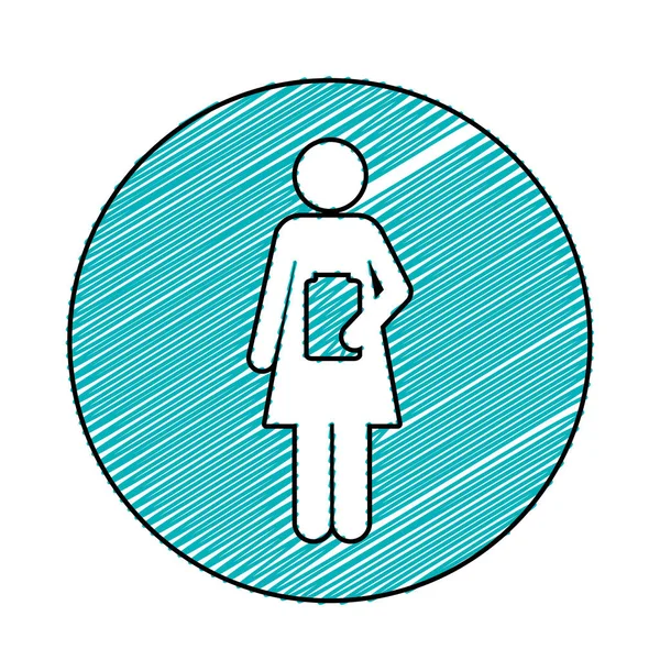 Farbstift Zeichnung Kreisrahmen mit Piktogramm weiblich mit Heilmittel Flasche — Stockvektor