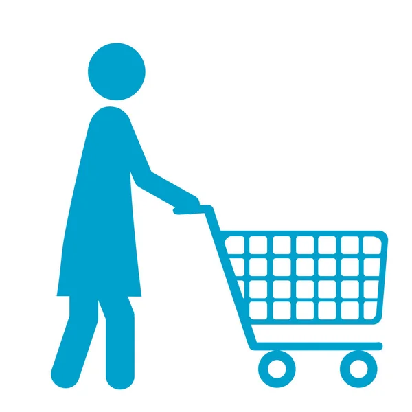 Silueta azul de mujer pictograma con carrito de compras — Archivo Imágenes Vectoriales
