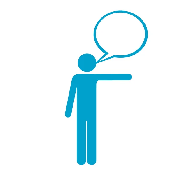 Silhueta azul de pictograma homem apontando com braço esquerdo e discurso bolha — Vetor de Stock