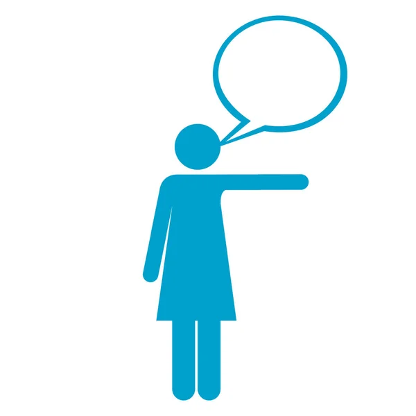 Modrá silueta ženy piktogram ukazující s levou paži a bublinkové řeči — Stockový vektor
