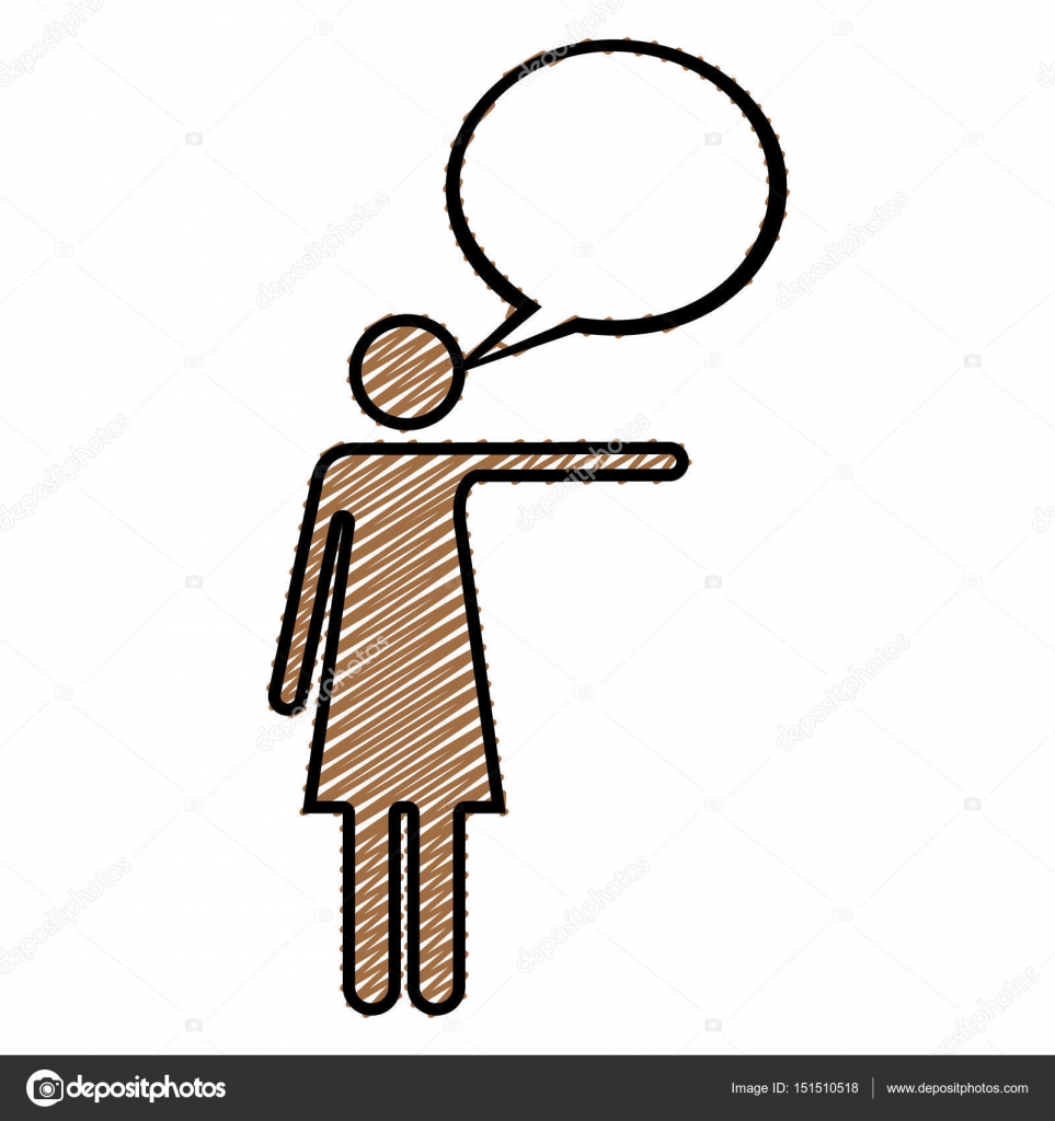 sagoma di donna pittogramma che indica con discorso bolla e Sagoma di donna pittogramma che indica con la sinistra braccio e bolla discorso illustrazione di vettore di disegno a matita colore — Vettoriali di