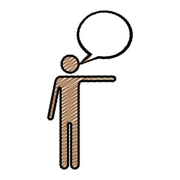 Couleur crayon dessin silhouette de pictogramme homme pointant avec le bras gauche et la parole bulle — Image vectorielle
