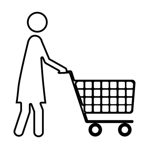Silhueta monocromática de mulher pictograma com carrinho de compras — Vetor de Stock