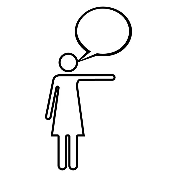 Monokrom silhuetten av piktogram kvinna som pekar med vänster arm och bubbla tal — Stock vektor