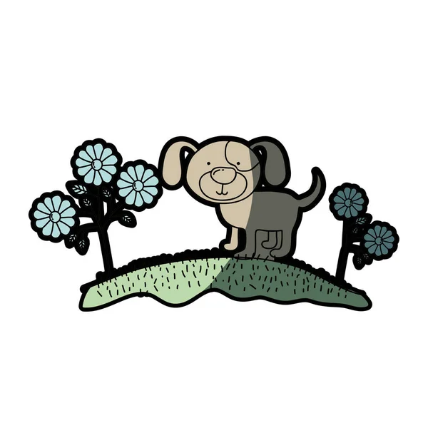 Акварельный ручной силуэт собаки на холме с растениями и полутенью — стоковый вектор