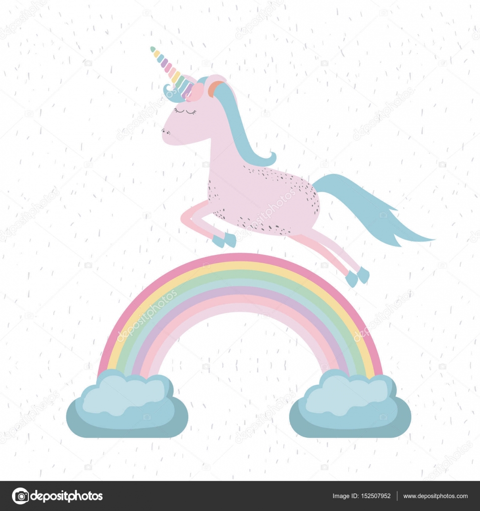 Sfondo colorato con unicorno che salta sopra l arcobaleno — Vettoriale Stock