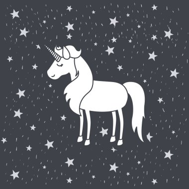 tek renkli yıldızlı cennette kadın tek boynuzlu at karikatürü