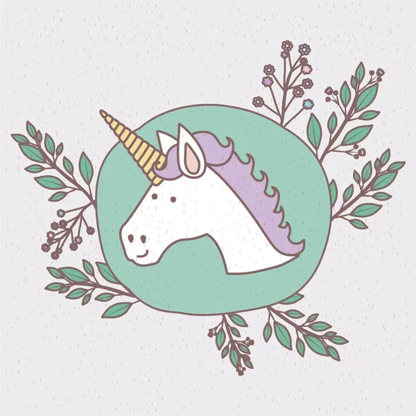 Marco colorido con caricatura de cara de unicornio masculino y decoración floral — Vector de stock