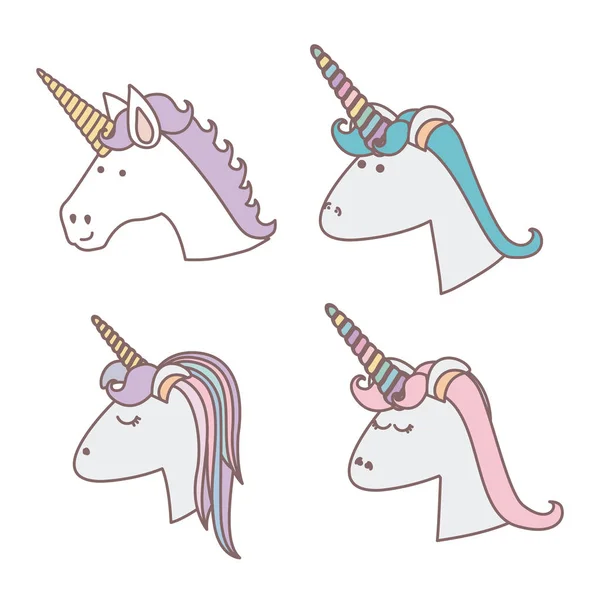 Fondo blanco con colorido conjunto de cabezas de unicornios — Archivo Imágenes Vectoriales