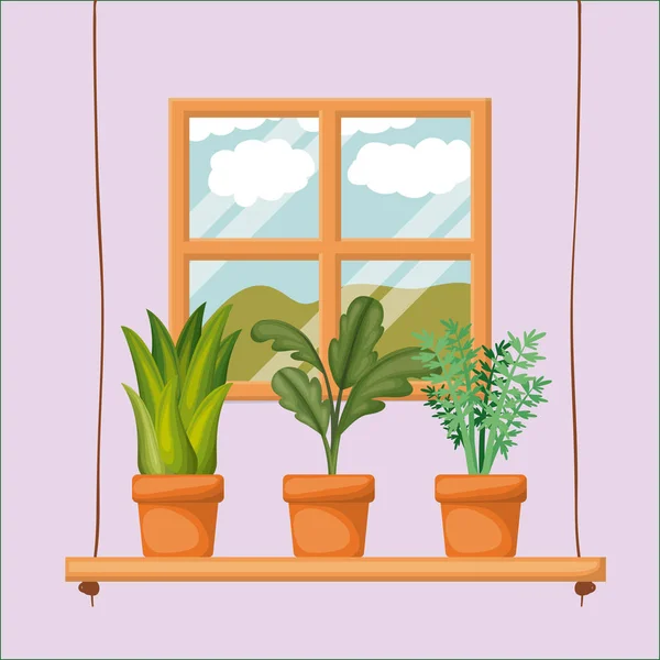Fondo colorido con ventana de inicio con plantas en maceta — Vector de stock