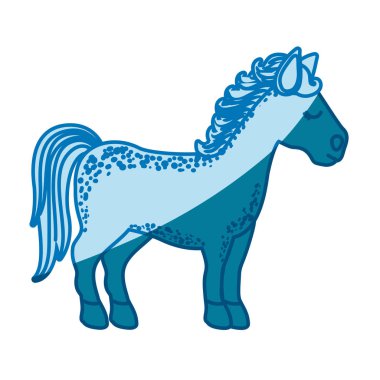 Kapalı gözlerle ayakta ve sağa doğru seyir çizgi film tek boynuzlu at mavi siluet