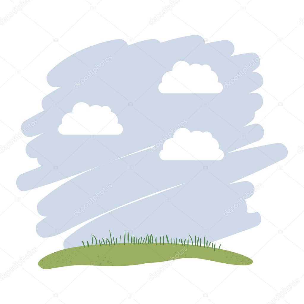 watercolor landscape silhouette of sky with clouds and grass field