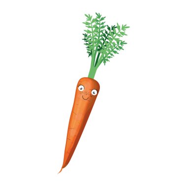 Beyaz arka plan ile gerçekçi havuç karikatür ile kök ve yaprakları