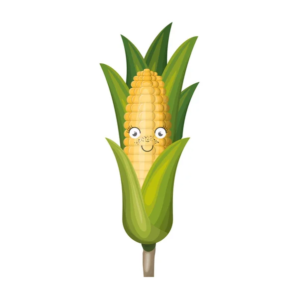 White background with realistic corn cob caricature with leaves — Stock Vector