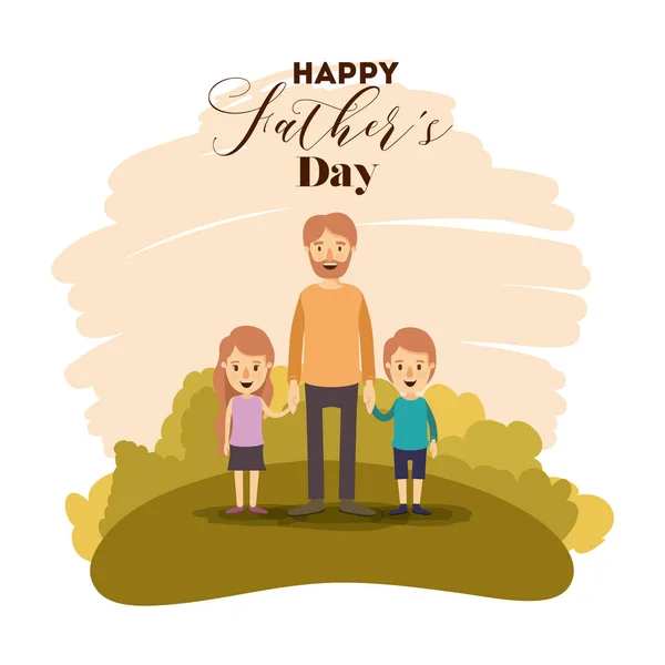 Colorful card of landscape with dad and sons on the fathers day — Stock Vector