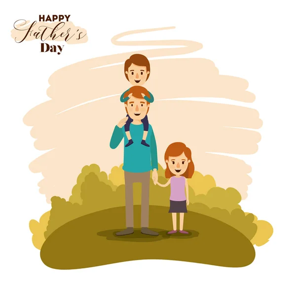 Kleurrijke kaart van landschap met zoon in schouders van vader en dochter van de hand op de dag van vaders — Stockvector