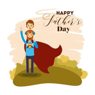 Baba süper kahraman ve oğluyla Babalar günü omuzlarında içinde renkli kart