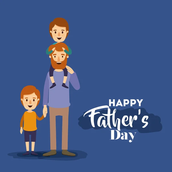Dark blue background with dad and two kids on the fathers day — Stock Vector