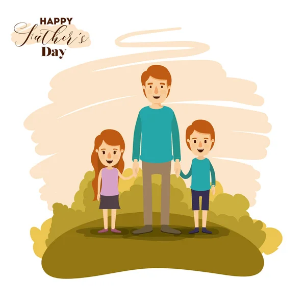 Baba ve kızı ve oğluyla babalar gününde elele manzara renkli kart — Stok Vektör