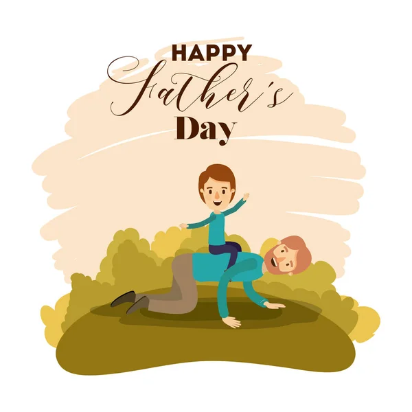 Colorful card of landscape with dad playing with son on the fathers day — Stock Vector