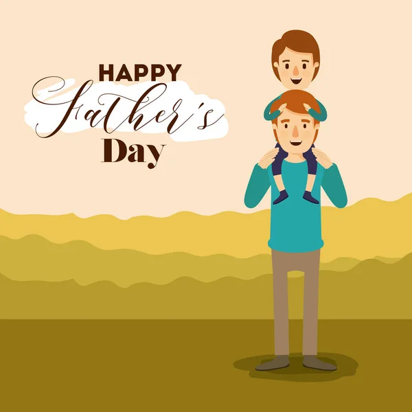 Colorful background landscape with boy in shoulders of dad on the fathers day — Stock Vector