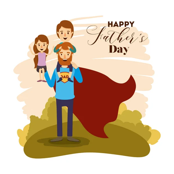 Tarjeta de colores con el papá super héroe y los hijos en el día del padre — Vector de stock