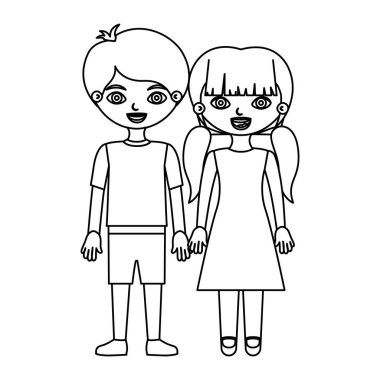 Sketch silhouette couple boy in shorts and girl in dress with taken hands vector