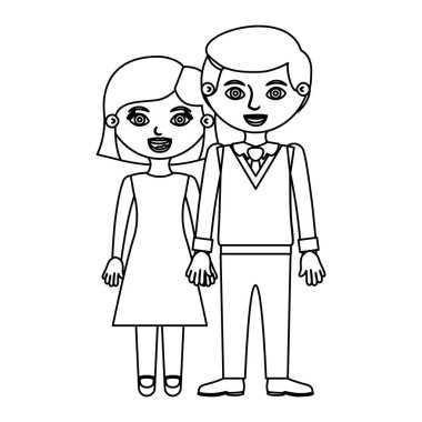 Kroki siluet çift kadın elbiseli kısa saç ve alınan ellerle resmi elbiseli adam