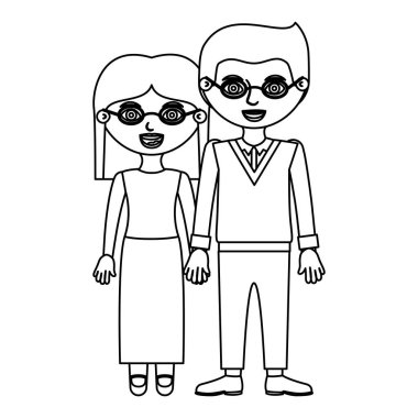 Kroki siluet çift kadın etek ve düz saç ve alınan ellerle resmi elbiseli adam